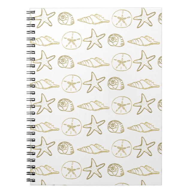 Gold Foil Look Sea Shells Chic Beach Elegant White Notebook (Front)