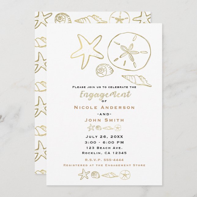 Gold Foil Look Sea Shells Chic Beach Engagement Invitation (Front/Back)