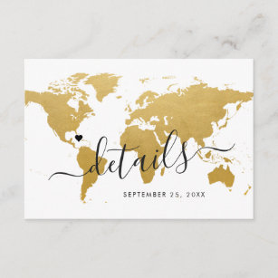 Gold Foil Look World Map Hotel Travel Information Enclosure Card