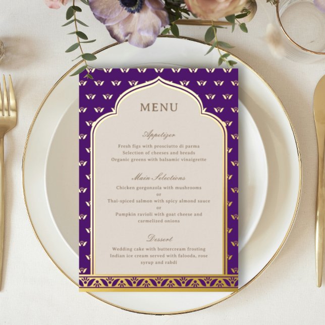 Gold Foil Lotus Flower Indian Wedding Menu Card (Purple indian wedding reception menu, hindu wedding party menu, sangeet menu, mehndi menu, dholki)