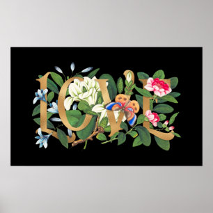 Gold Foil Love Text Vintage Floral Botanical Black Poster