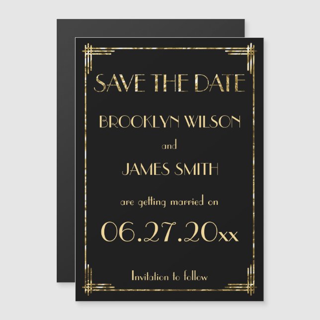 Gold Foil Magnetic Art Deco Wedding Save The Date Invitation (Front/Back)