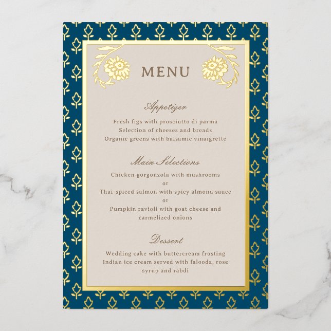Gold Foil Marigold Flower Wedding Menu Card (Front)