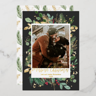 Gold foil Merriest Christmas black gold red holly Holiday Card