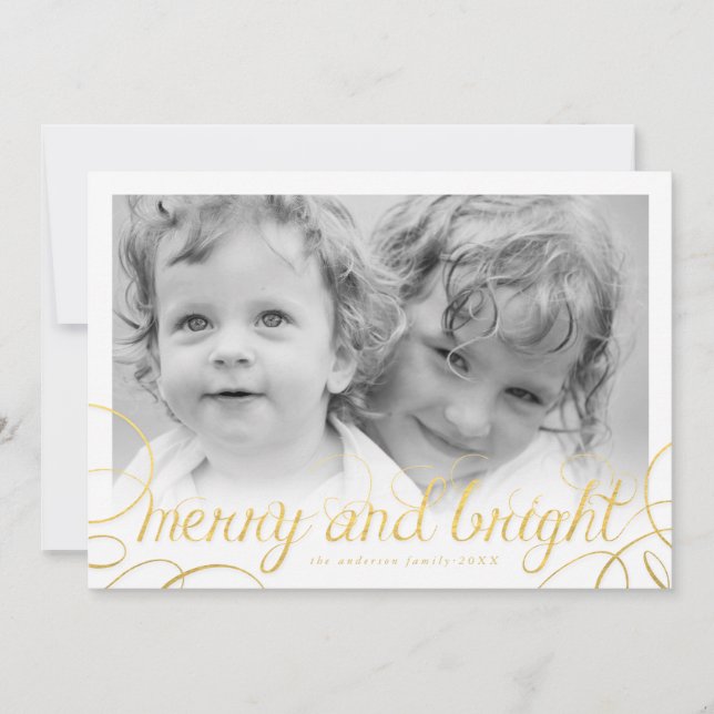 Gold Foil Merry and Bright Holiday Photo Card (Front)