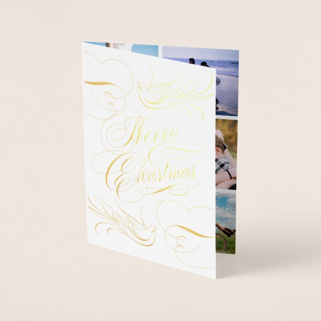 Gold Foil Merry Christmas Calligraphy Doves Photo Foil Card (Front)