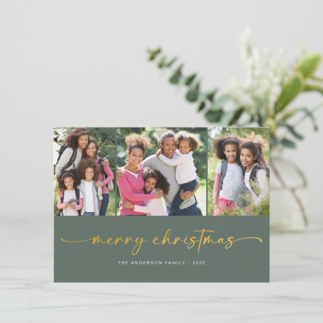 Gold Foil Merry Christmas | Modern Three Photo Holiday Card (Standing Front)