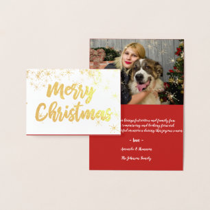 Gold Foil Merry Christmas Script Foto Hearts Snow Card