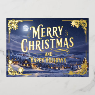 Gold Foil Merry Christmas, Winter Village Holiday Card