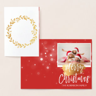 Gold Foil Merry Christmas Wreath Photo Card