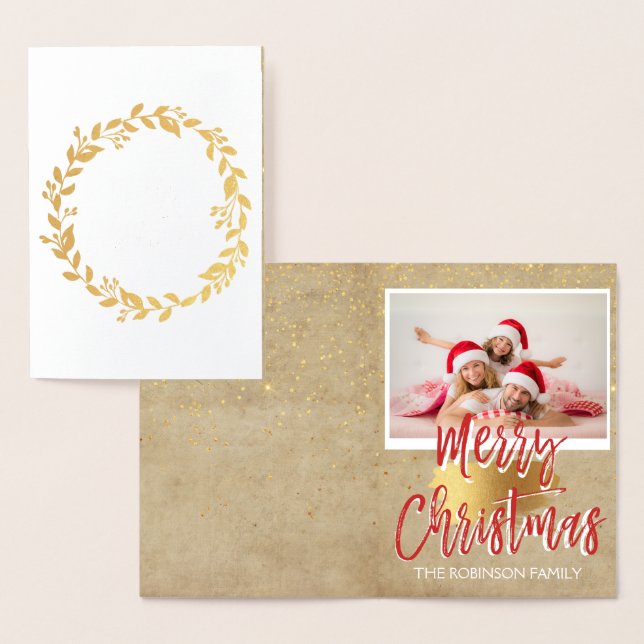 Gold Foil Merry Christmas Wreath Photo Card (Display)