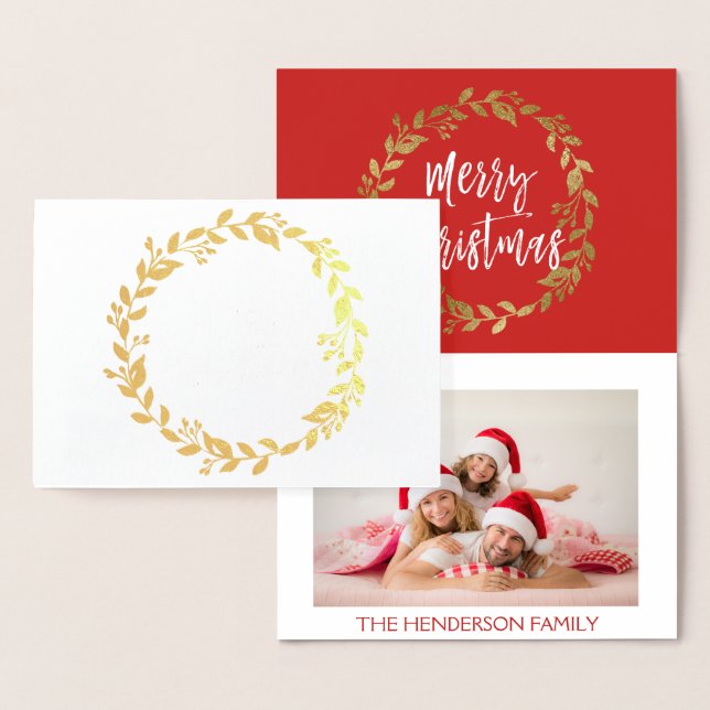 Gold Foil Merry Christmas Wreath Photo Card (Display)