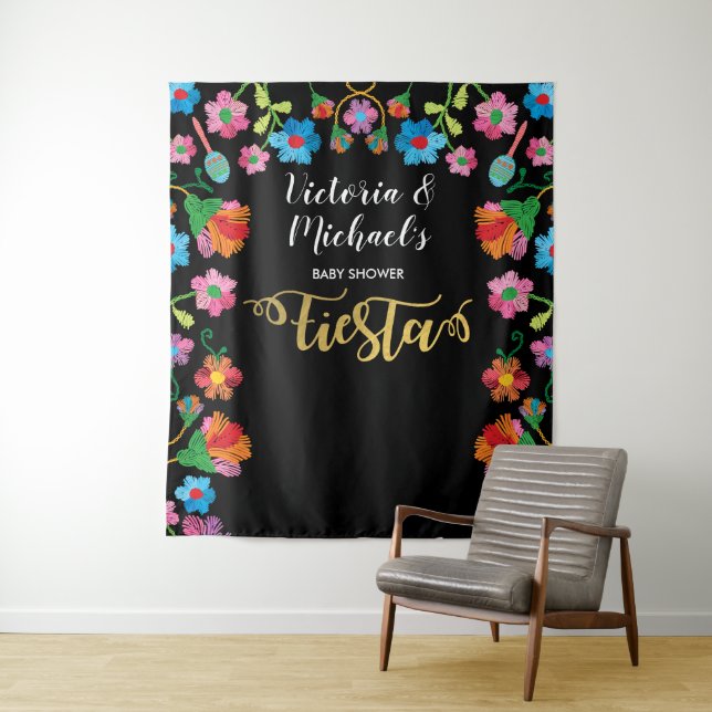 Gold Foil Mexican Fiesta Embroidery backdrop Tapestry (In Situ)