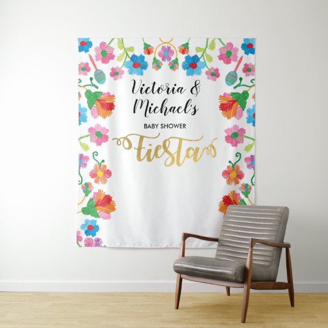Gold Foil Mexican Fiesta Embroidery backdrop Tapestry (In Situ)