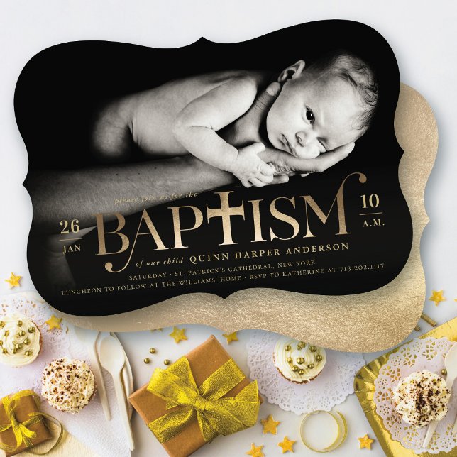 Gold Foil Modern Classic Bold Cross Baptism Photo Invitation (Faux Gold Foil Modern Classic Bold Cross Stylish Baptism Photo Invitation @ fat_fa_tin)