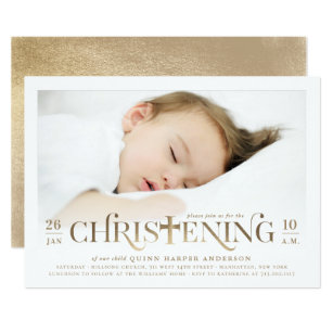 Gold Foil Modern Cross Christening Photo Religious Invitation