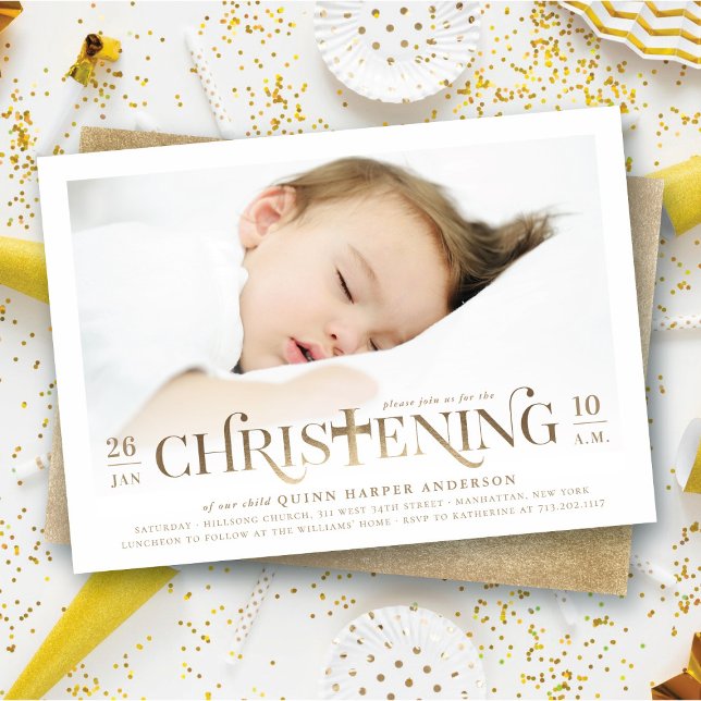 Gold Foil Modern Cross Christening Photo Religious Invitation (Faux Gold Foil Modern Classic Bold Cross Stylish Christening Photo Invitation @ fat_fa_tin)