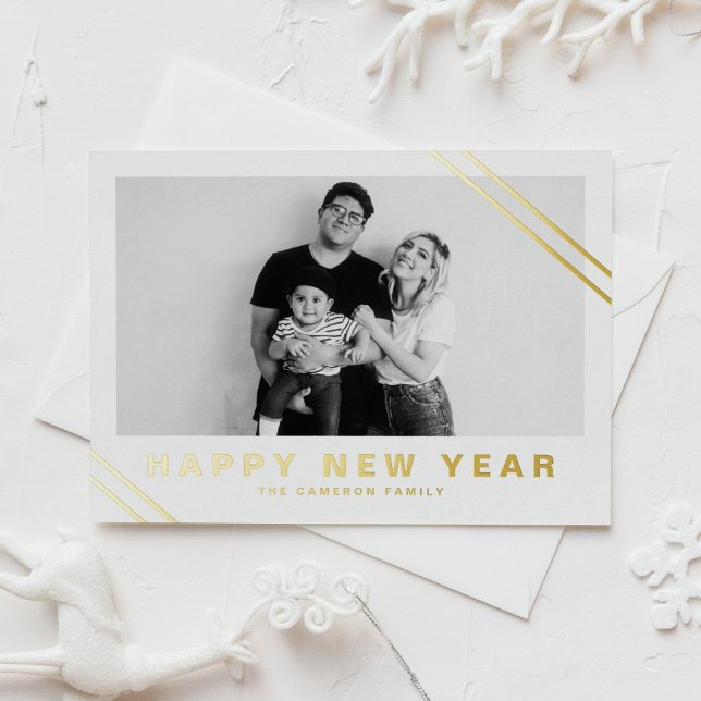 Gold Foil Modern Stripes Photo Happy New Year Foil Holiday Postcard (Creator Uploaded)