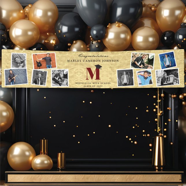 Gold Foil Monogram 10 Multi Photo Graduation Party Banner (Gold Faux Foil Name Monogram 10 Photo Chic Graduation Party Banner @ www.zazzle.com/color_therapy)