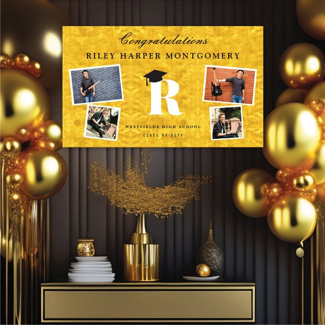Gold Foil Monogram 4 Photo Modern Graduation Party Banner (Golden Faux Foil Name Monogram 4 Photo Chic Graduation Party Banner @ www.zazzle.com/color_therapy)