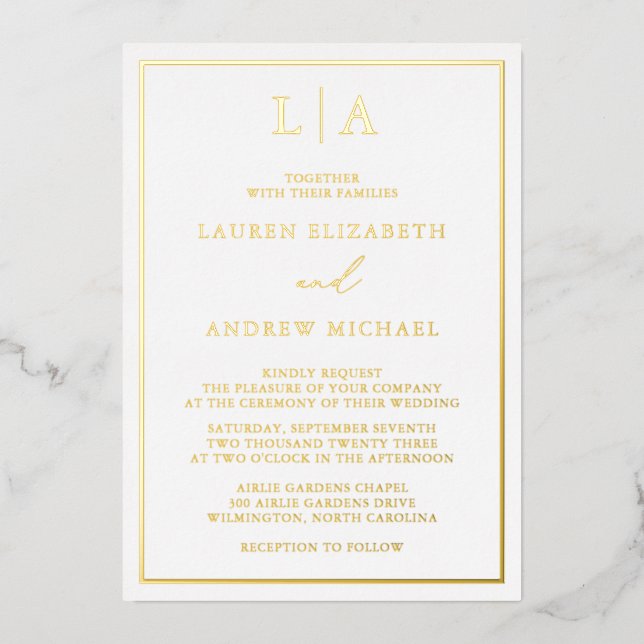 Gold Foil Monogram Border Minimalist Wedding (Front)