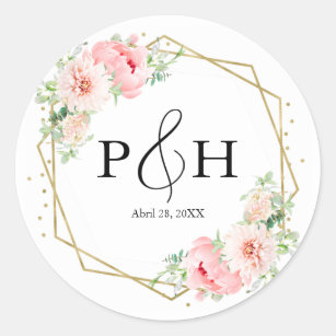 Gold Foil Monogram Geometric Blush Floral Wedding Classic Round Sticker