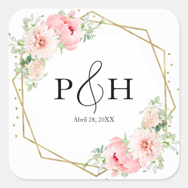 Gold Foil Monogram Geometric Floral Wedding Square Sticker (Front)