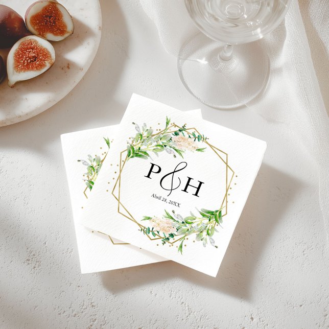 Gold Foil Monogram Geometric Greenery Wedding Napkin (Creator Uploaded)
