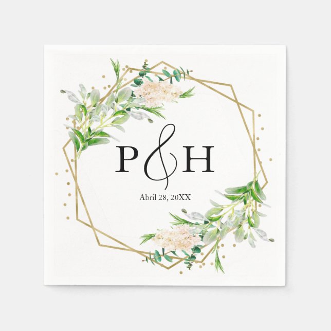 Gold Foil Monogram Geometric Greenery Wedding Napkin (Front)