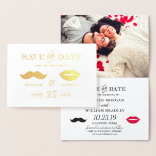 Gold Foil Moustache Lips Wedding Save the Date Foil Card