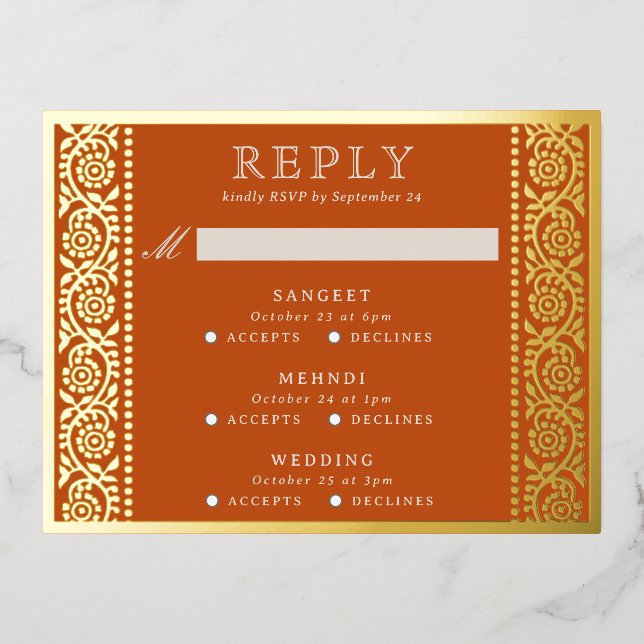 Gold Foil Multi Event Floral Wedding RSVP Card (Front)