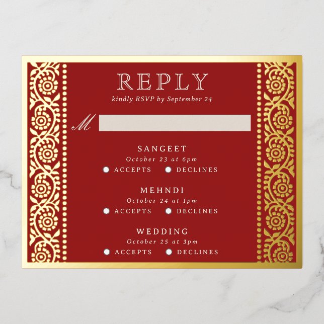 Gold Foil Multi Event Floral Wedding RSVP Card (Front)