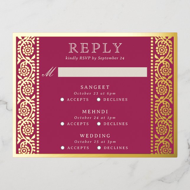 Gold Foil Multi Event Floral Wedding RSVP Card (Front)