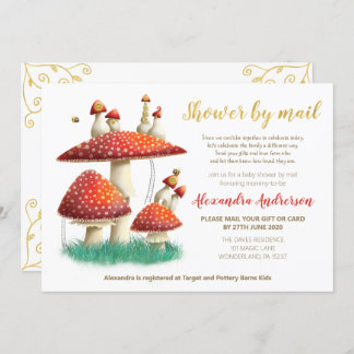 Gold foil mushroom & bees baby shower by mail invitation
