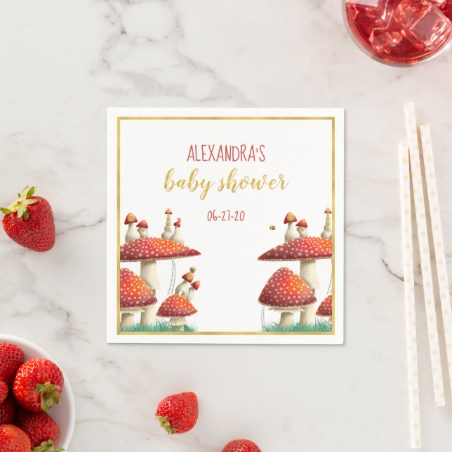 Gold foil mushroom & bees elegant baby shower napkin (Insitu)