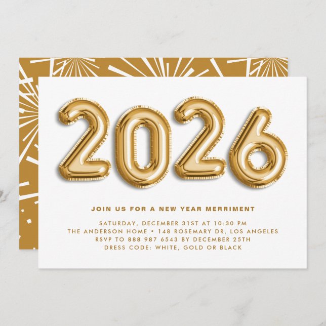 Gold Foil Mylar Balloons New Year's Eve Party Invitation (Front/Back)
