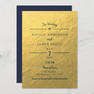 Gold Foil Navy Blue Minimal Clean Classic Wedding Invitation