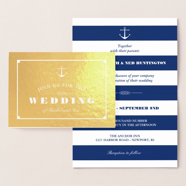 Gold Foil & Navy Blue Stripes Nautical Wedding Card (Display)