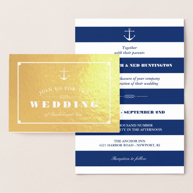 Gold Foil & Navy Blue Stripes Nautical Wedding Foil Card (Display)