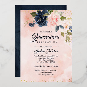 GOLD FOIL Navy Blush Pink Floral Quinceanera