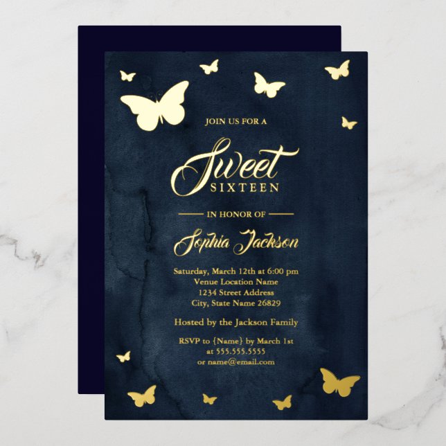 GOLD FOIL Navy Butterfly Sweet 16 Gold (Front/Back)