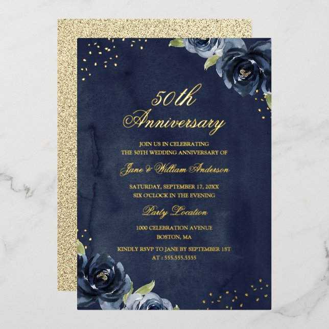 GOLD FOIL Navy Gold  Floral Anniversary Invitation (Front/Back)