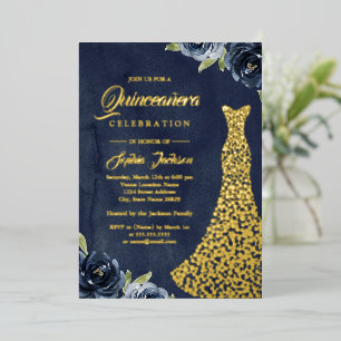 GOLD FOIL Navy Gold Floral Dress Quinceanera