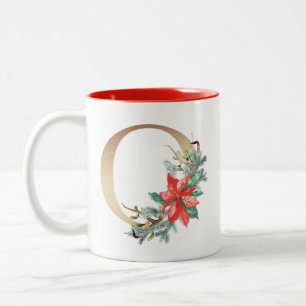 Gold Foil O  Monogram Pine & Berry  Christmas Two-Tone Coffee Mug