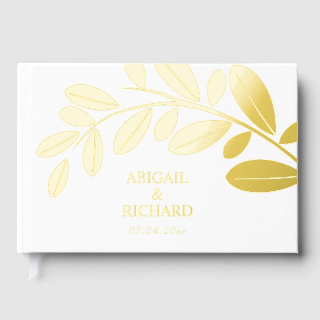 Gold foil olive branch Mediterranean white wedding Guest Book (Front)