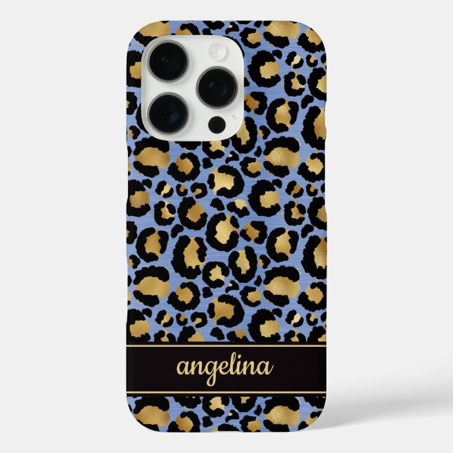 Gold Foil On Blue Leopard Print Monogrammed Case-Mate iPhone Case (Back)