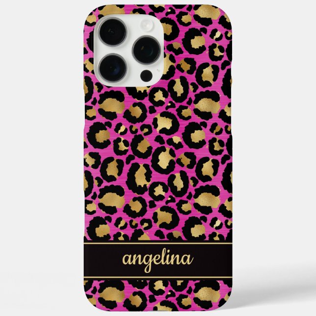 Gold Foil On Hot Pink Leopard Print Monogrammed Case-Mate iPhone Case (Back)