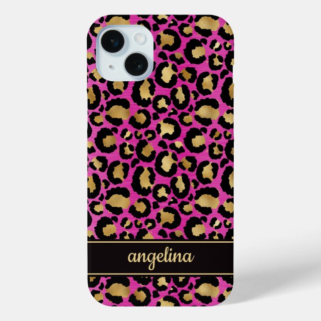 Gold Foil On Hot Pink Leopard Print Monogrammed Case-Mate iPhone Case (Back)