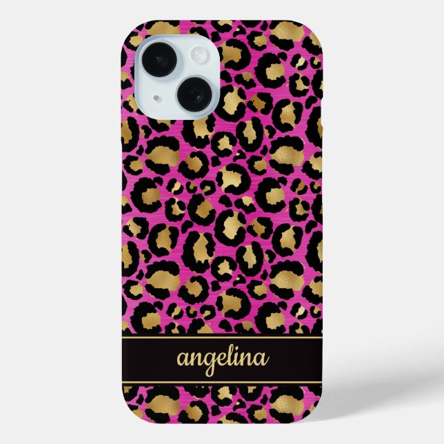 Gold Foil On Hot Pink Leopard Print Monogrammed Case-Mate iPhone Case (Back)