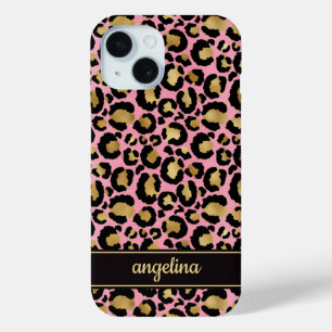 Gold Foil On Pink Leopard Print Monogrammed iPhone 15 Case